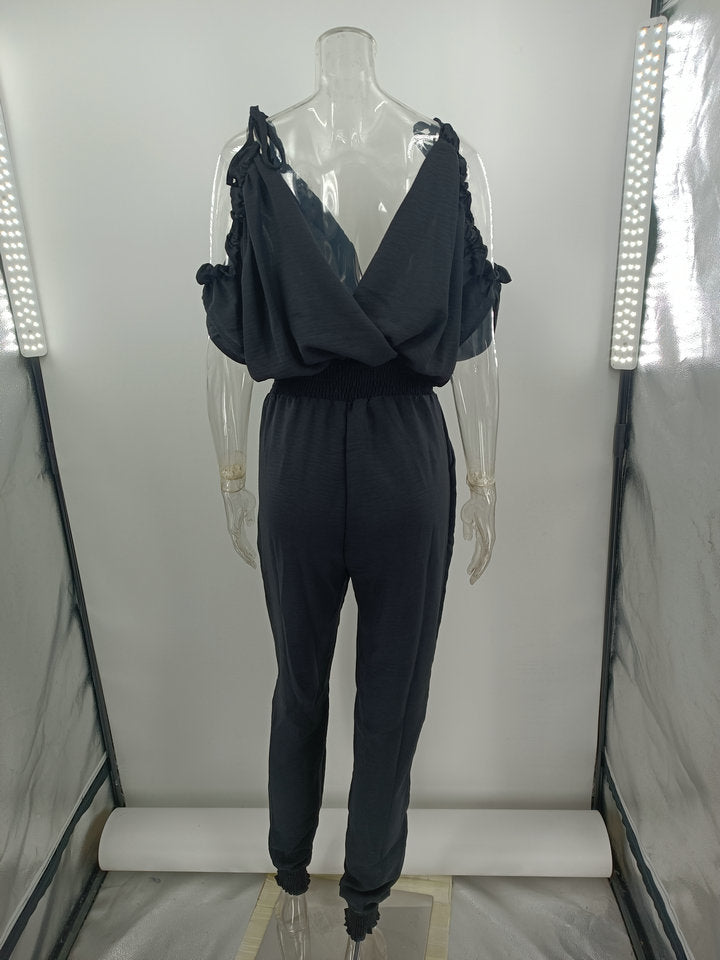 Women Trousers V neck Pocket Elastic Waist Casual Jumpsuit