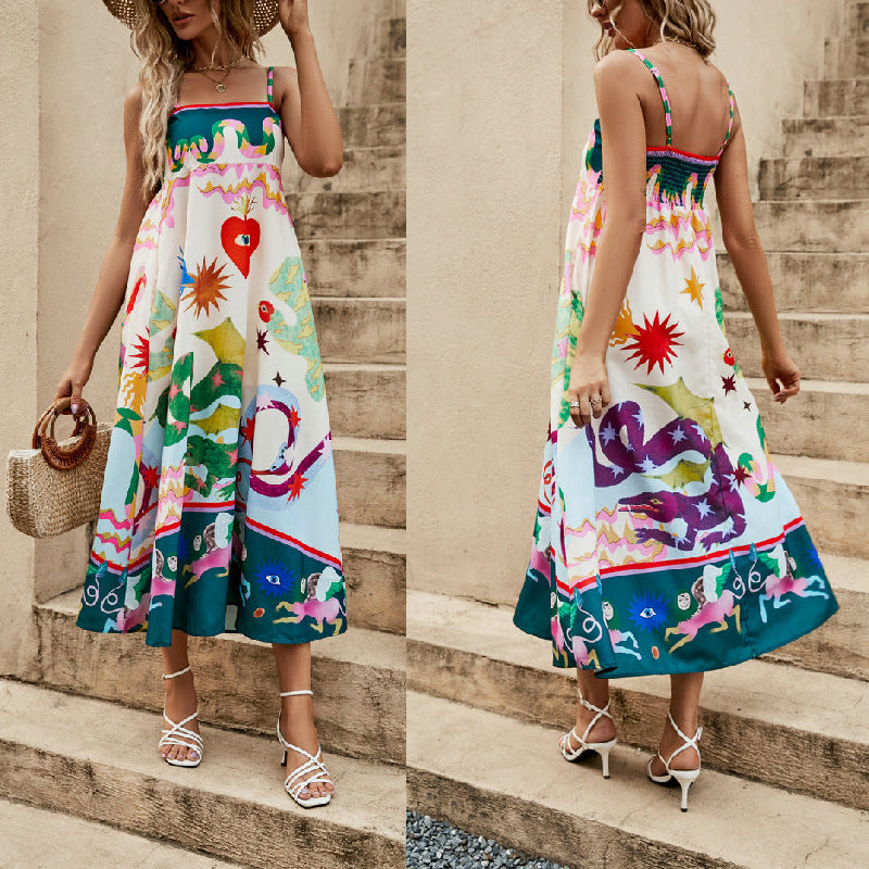 Casual Dress Women Clothing Spaghetti-Strap Floral Print Sleeveless Swing Dress