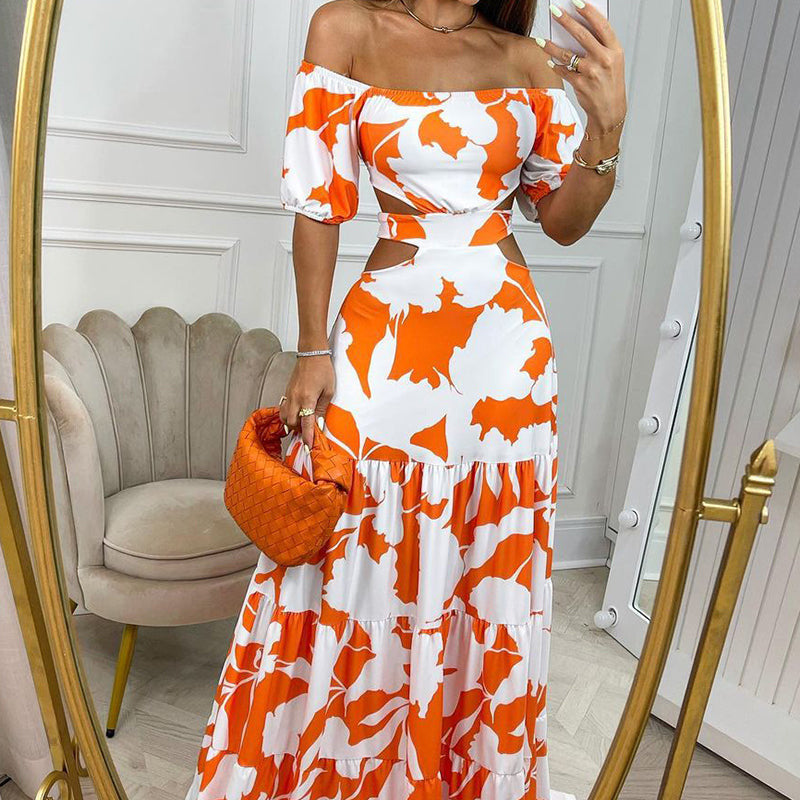 Summer Women Clothing Printed Elegant off Shoulder High Waist Hollow Out Cutout out Ruffled Dress for Women