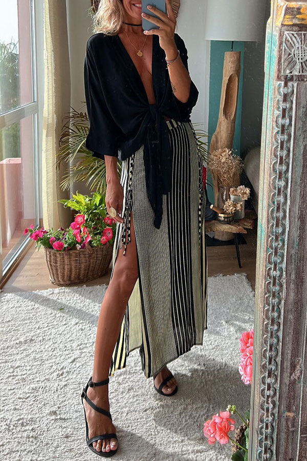 Casual Set Satin Top Striped Slit Skirt Sets