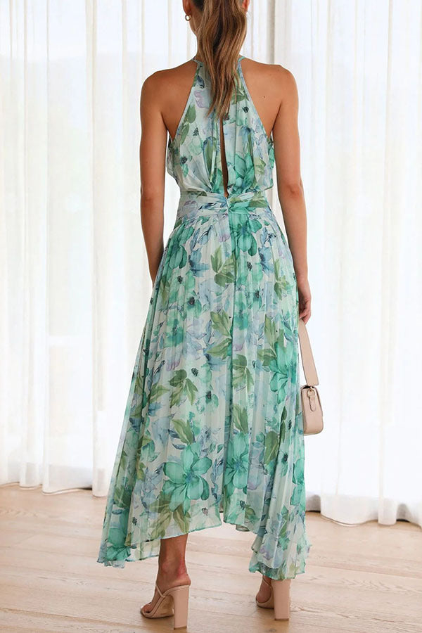 Summer Women Halter Sleeveless V Neck Printed Large Swing Maxi Dress